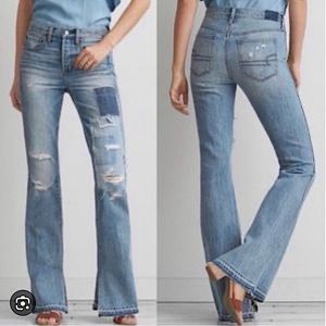 Women’s American Eagle Distressed Patchwork Hi-Rise Flared Jeans Size 10 Short